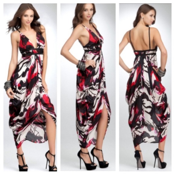 BEBE Y2K Draped Silk Maxi Dress Plunging V-Neckline Sleeveless Boho Chic Size S - Picture 2 of 16